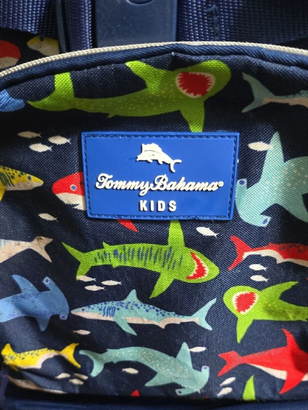 Tommy Bahama Kids Navy Backpack with Multicolor Shark Print